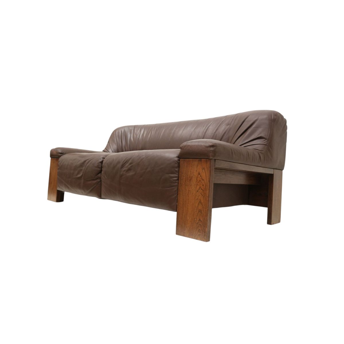 Brutalist 2-zits Leren Bank – Bruin Leer Met Wengé Houten Frame image 3