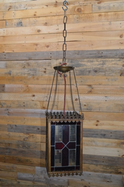 Antieke Hanglamp Koper Met Glas In Lood Opknapper image 6