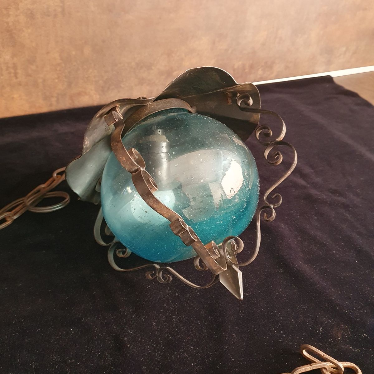 Vintage - Hanglamp - Plafondlamp - Blauw Glas - Metaal En Glas. image 6
