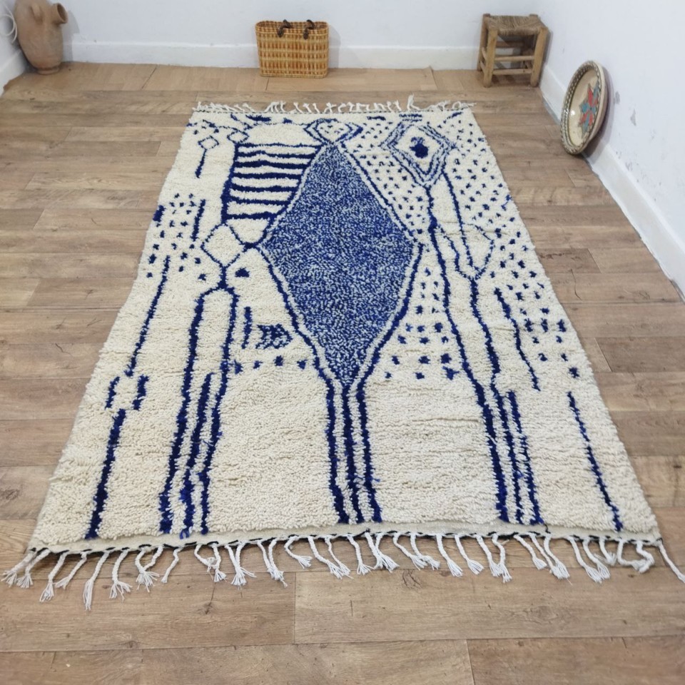Handgeweven Marokkaanse Berber Tapijt - Blauw En Wit Abstract Geometrisch Design (264X150 Cm) image 9