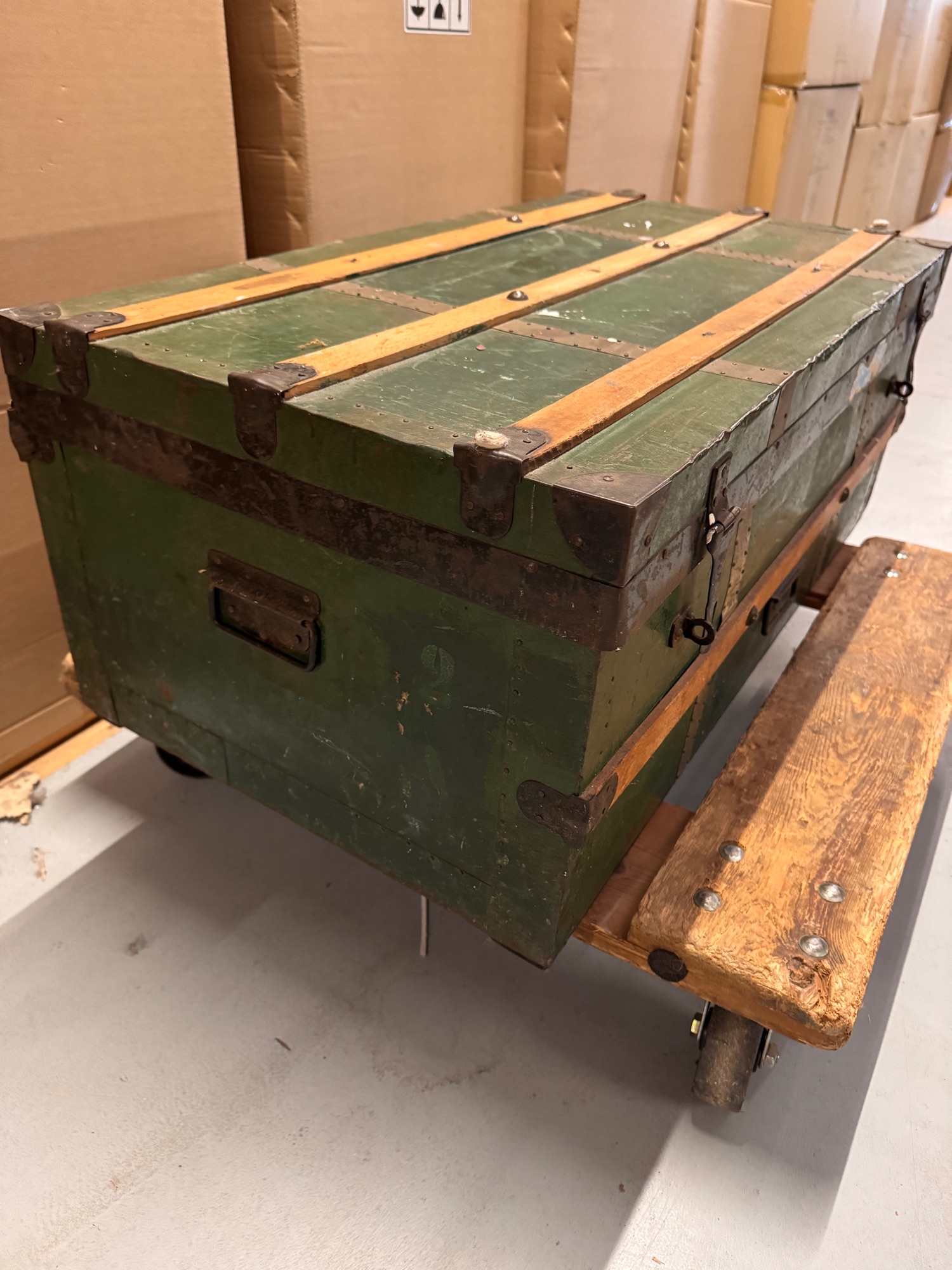 Hutkoffer, Kist, Groen Met Houten Latjes image 4