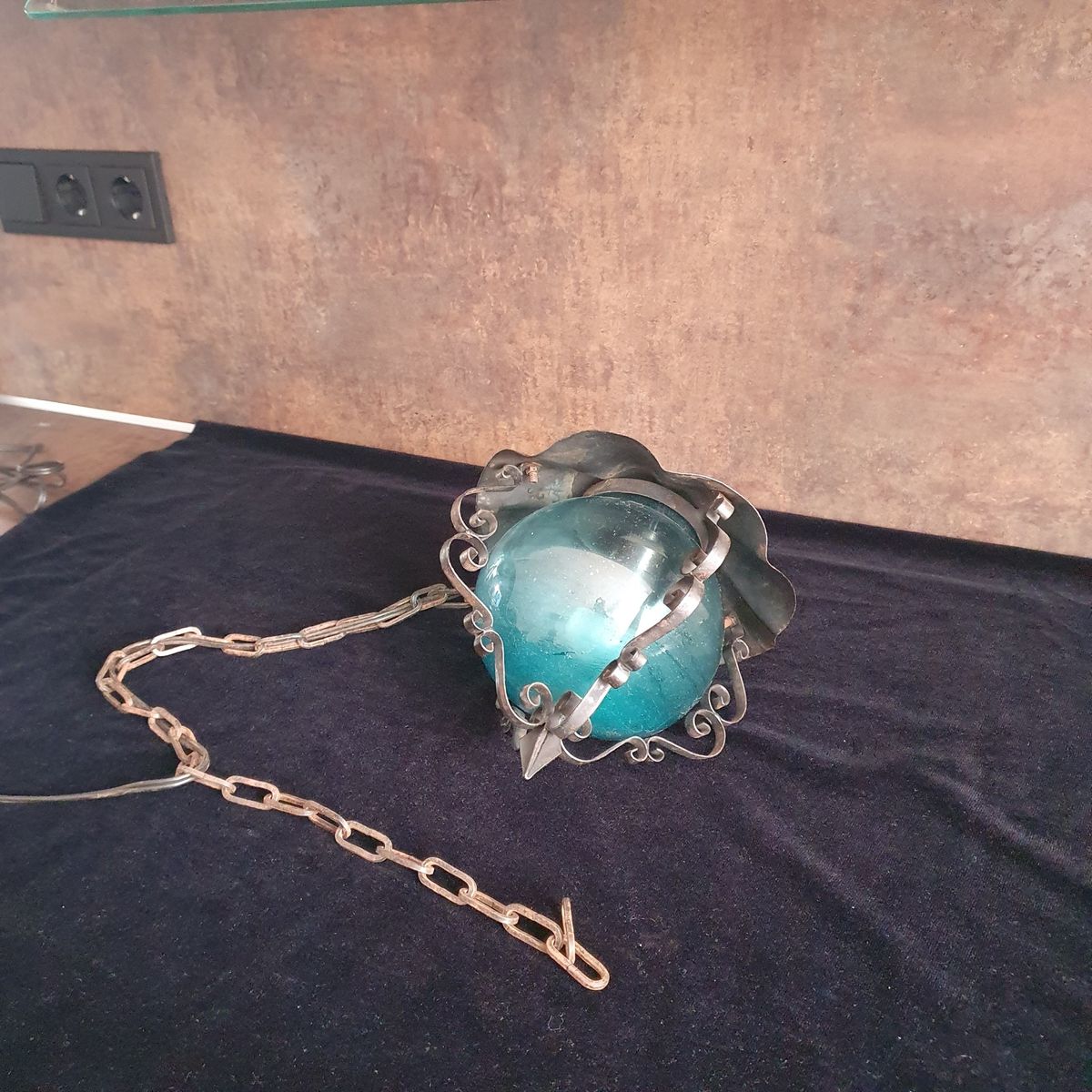 Vintage - Hanglamp - Plafondlamp - Blauw Glas - Metaal En Glas. image 2
