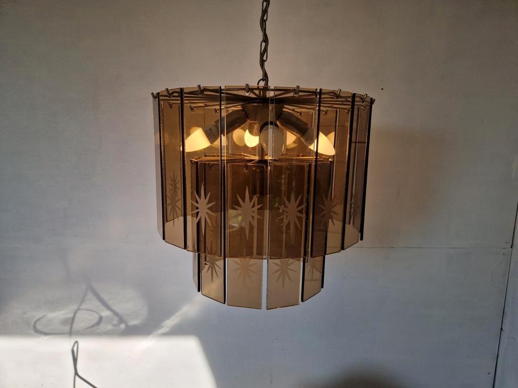 Vintage Waterval Kroonluchter Met Geslepen Gerookt Glas. image 4