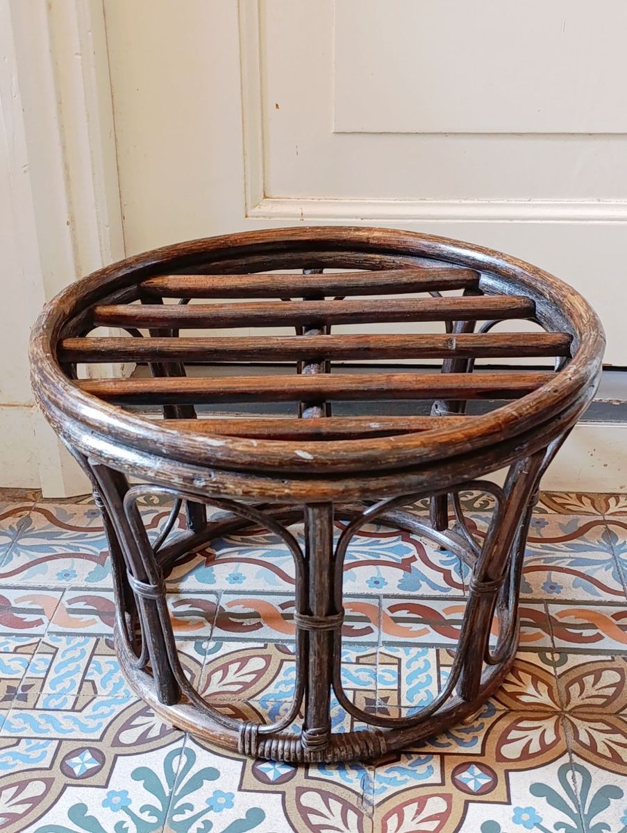 Vintage Manou/rotan Kruk, Poef, Tafeltje Met Pastelroze Velvet Touch, Jaren '70 image 2