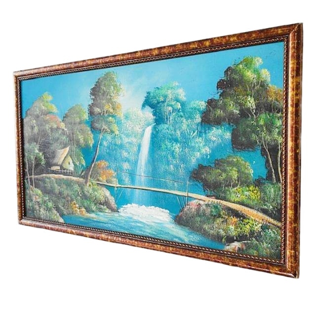 Vintage Indonesisch Olieverf Schilderij Xl Landschap Waterval image 6