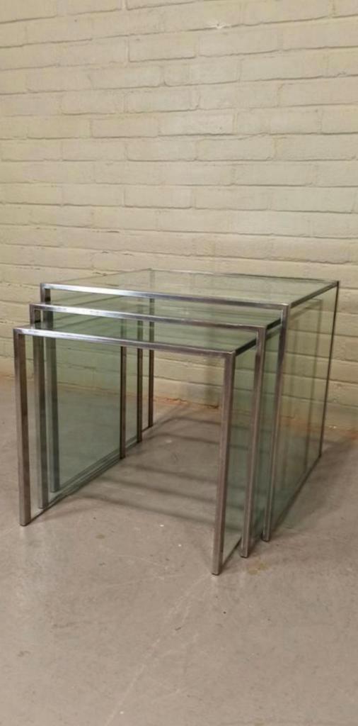 Vintage Glas En Chrome Mimiset Nesting Tables Bijzettafels image 3