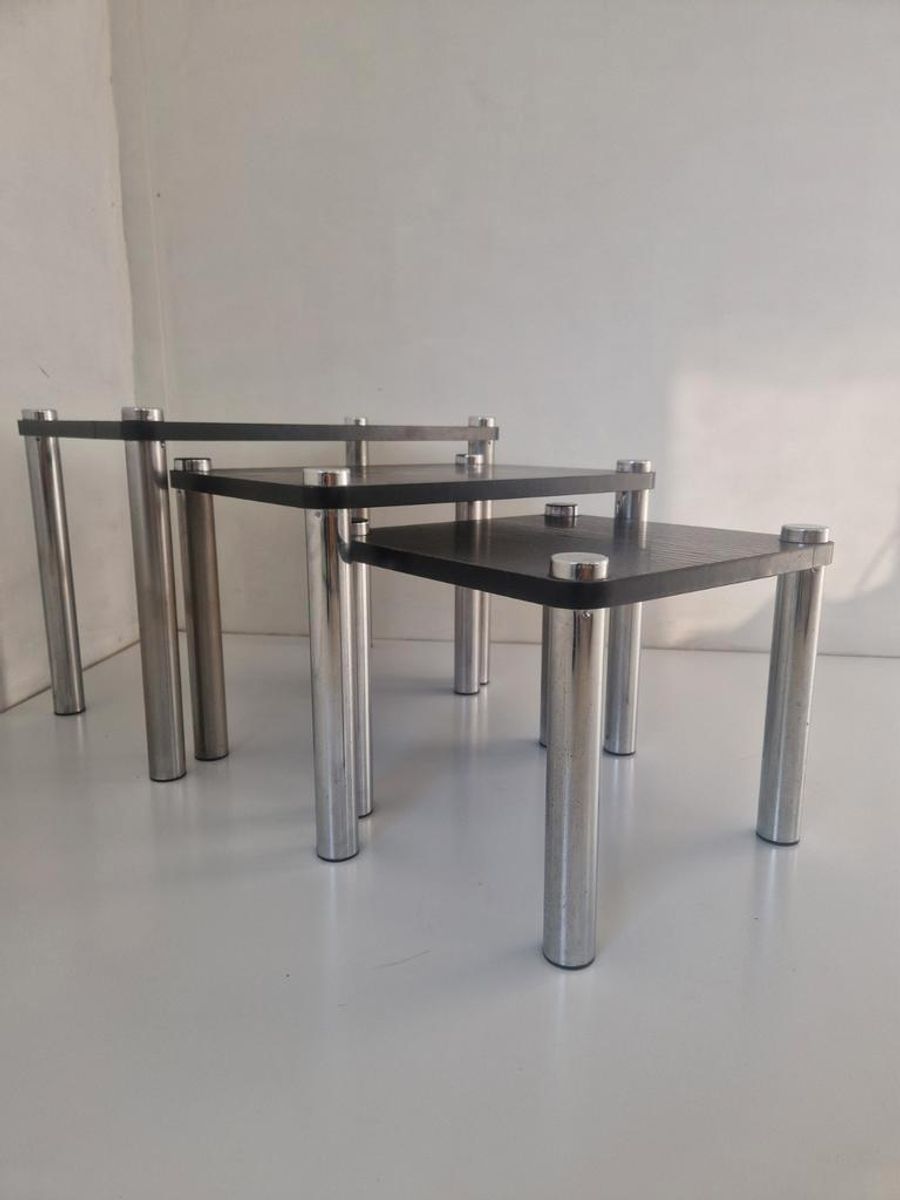 Mid Century Mimiset Nest Tafeltjes Hout En Chroom image 12
