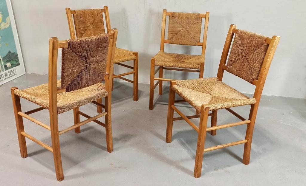Set Van 4 Vintage Hout En Riet Eetkamerstoelen image 3