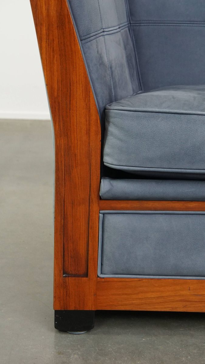 Geweldige Schuitema Art Deco Design Bank Met Mooie Blauwe Nubuck Lederen Bekleding image 10