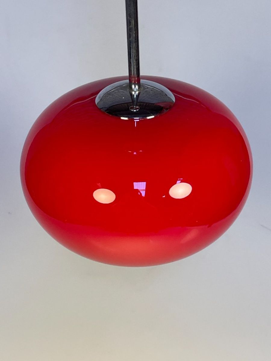 Glazen Rode Hanglamp Met Chromen Armatuur, 1980's image 9