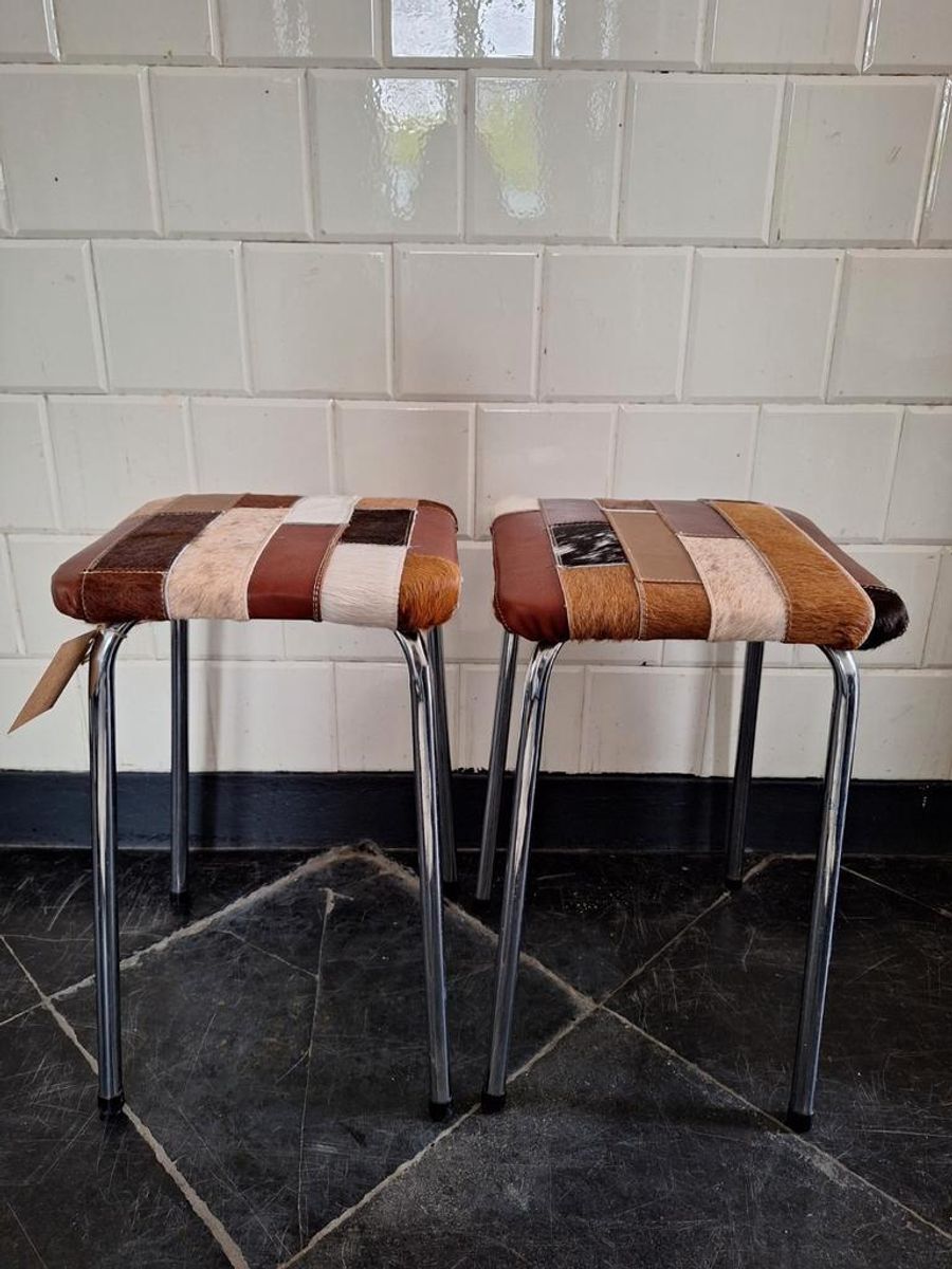 Vintage Kruk Met Patchwork Lederen Bekleding, Rond Krukje image 7
