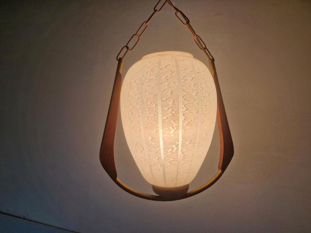 Vintage Scandinavische Teak En Glas Hanglamp. image 3