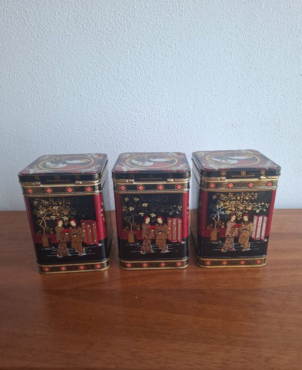 3 Grote Vintage Vierkanten Blikken Met Geisha, Kraanvogels En Kersenbloesem image 4