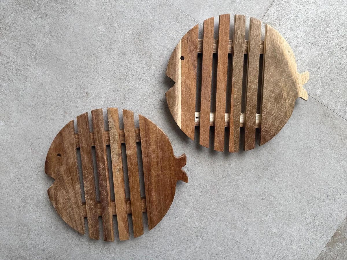 2 Vintage Houten Vis Pan Onderzetters image 5