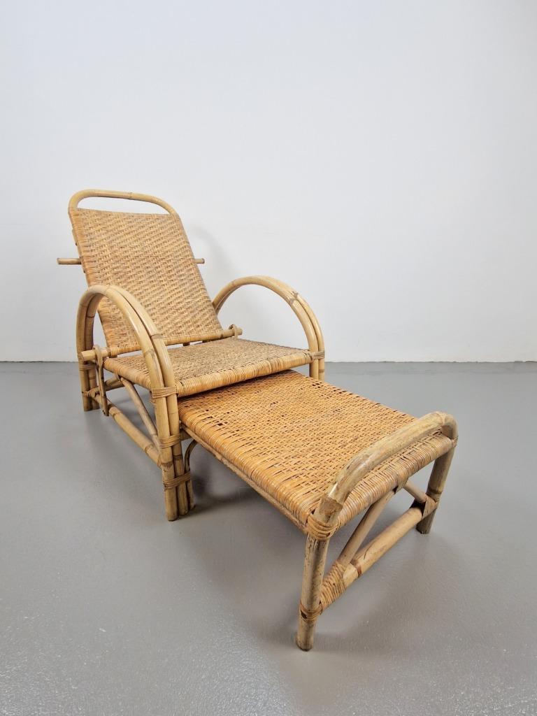 Vintage Boho Rotan Ligstoel Lounge Chair '60 Verstelbaar image 4