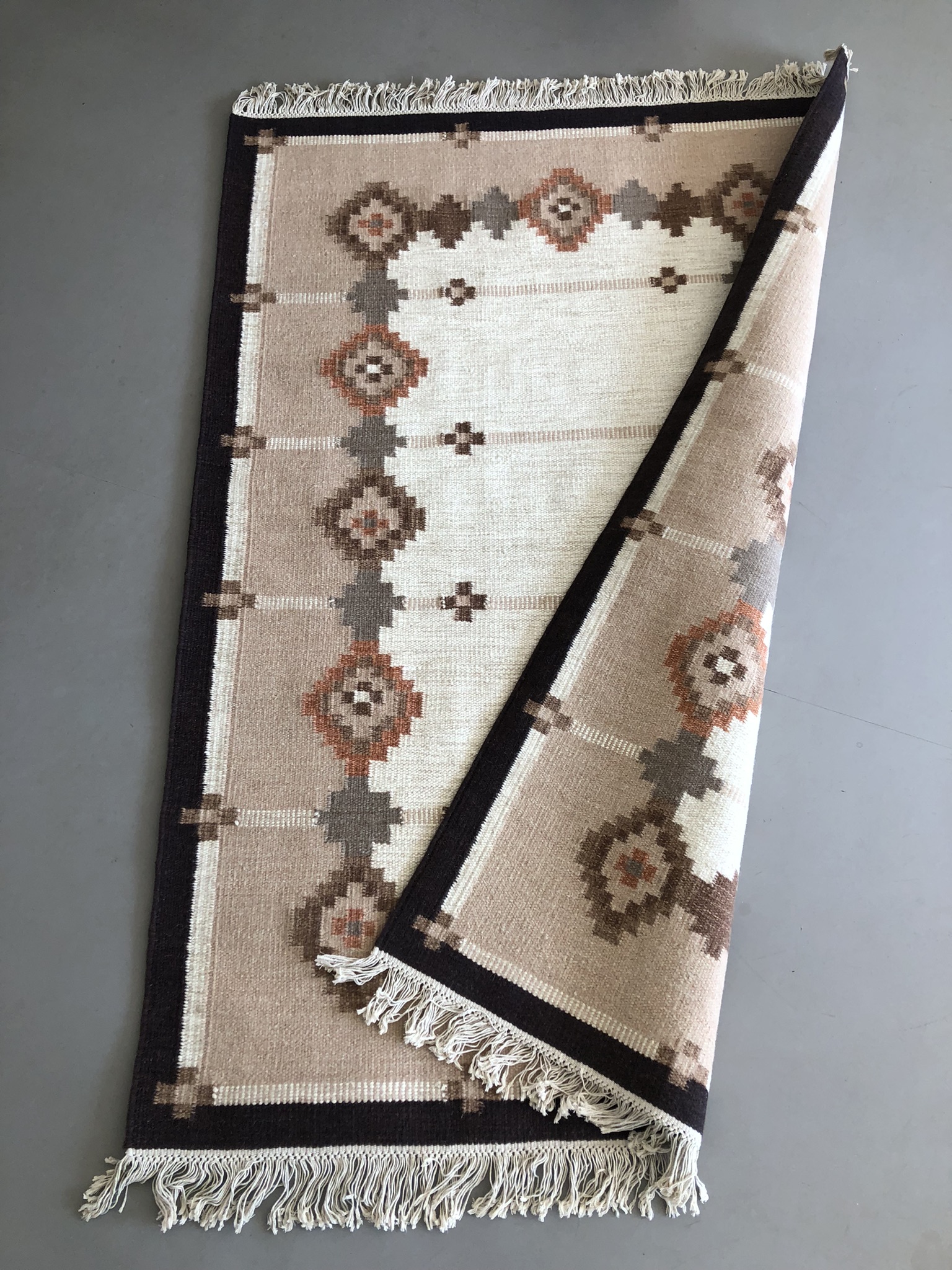 Handgeweven Wollen Scandinavisch Rollakan Vloerkleed Kelim Bruintinten image 4
