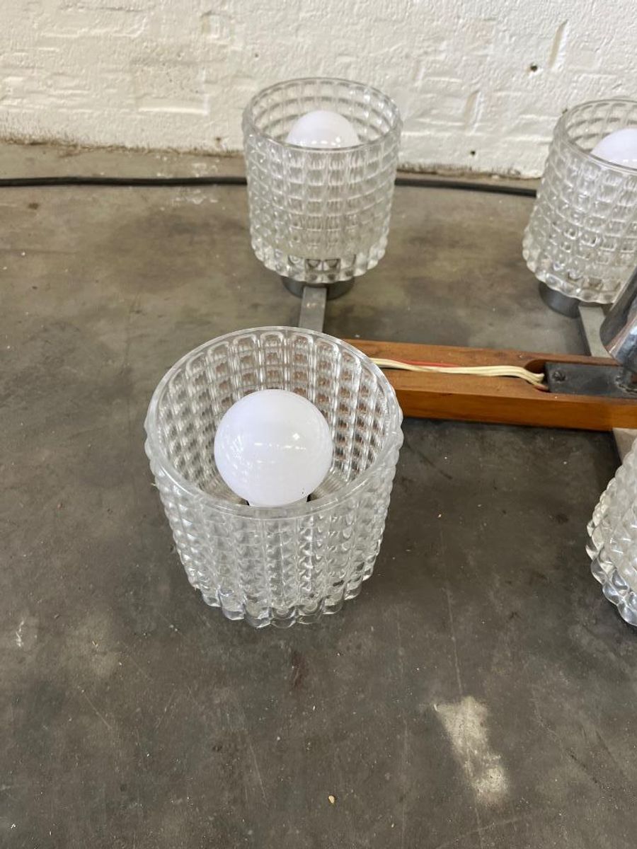 Vintage Plafondlamp / Luster : Glas & Chroom & Hout image 6