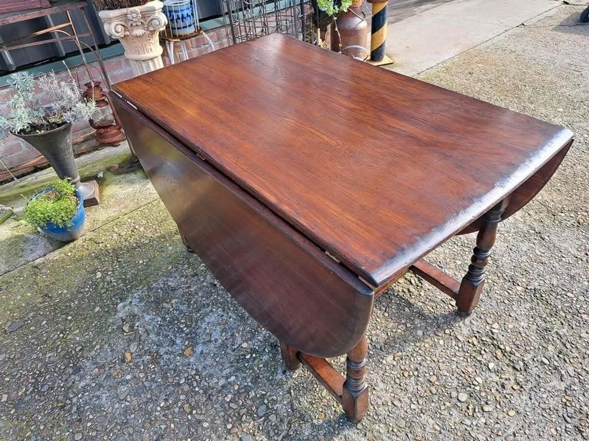 Prachtige Antieke Eiken Engelse Hangoortafel Afm. 70/188x121 image 5