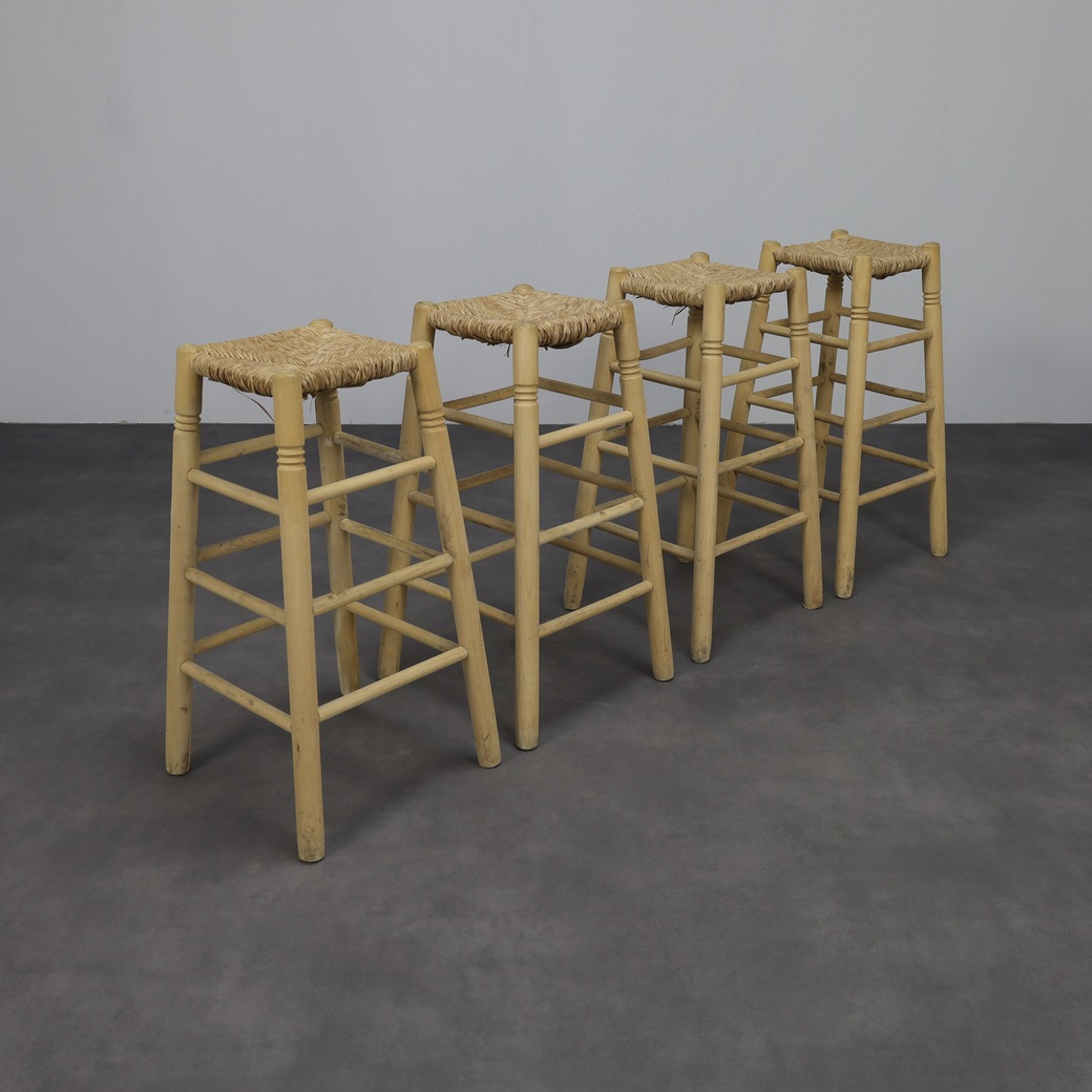 Set Of 4 Barstools In Wood And Cane, 1970s image 2