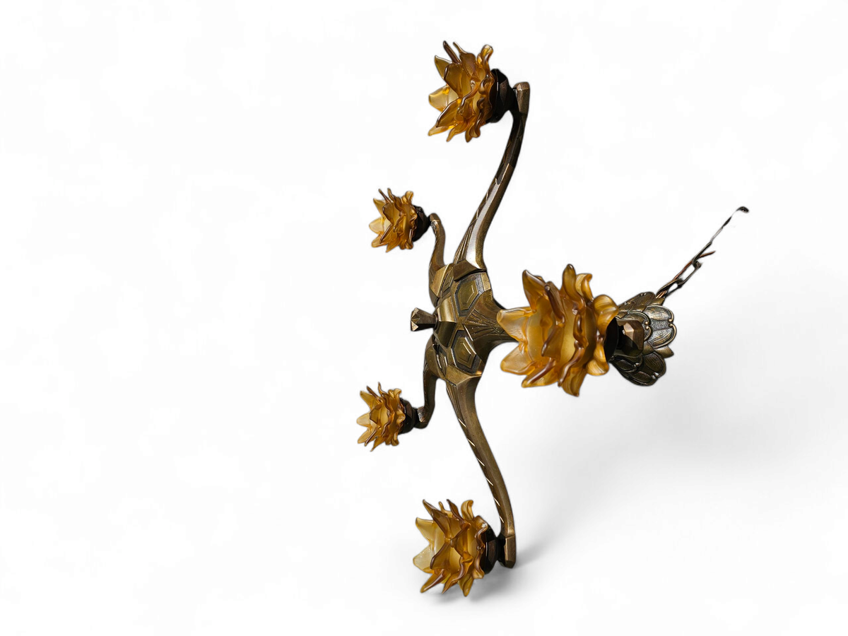 5 Arms Art Deco / Art Nouveau / Brass Hanging Lamp / Hand Blown Floral Shades image 10