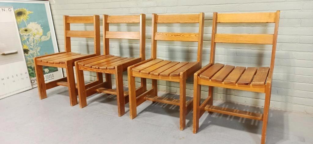 Set Van 4 Vintage Massief Grenen Eetkamerstoelen image 9