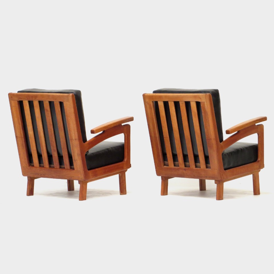 Vintage Lounge Fauteuils Met Eiken Frame En Zwart Leer, 1960s image 4