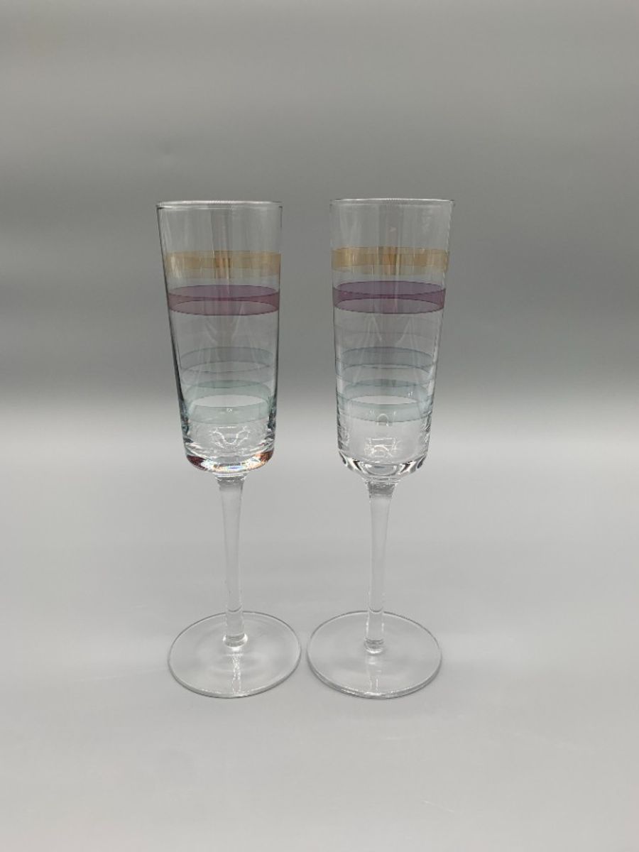 Vintage Kristallen Flutes Champagne Glazen Gekleurde Streep 2 Stuks image 2