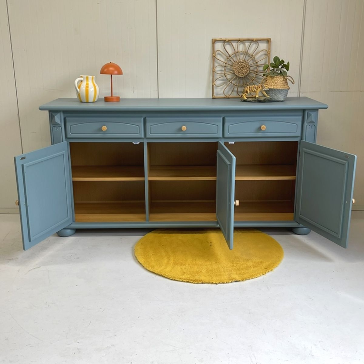 Prachtig Restyle Massief Dressoir Blauw & Rotan Wandkast image 10