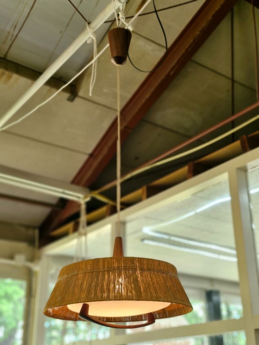 Vintage Design Hanglamp Temde Leuchten Sisal Teak 70s image 8