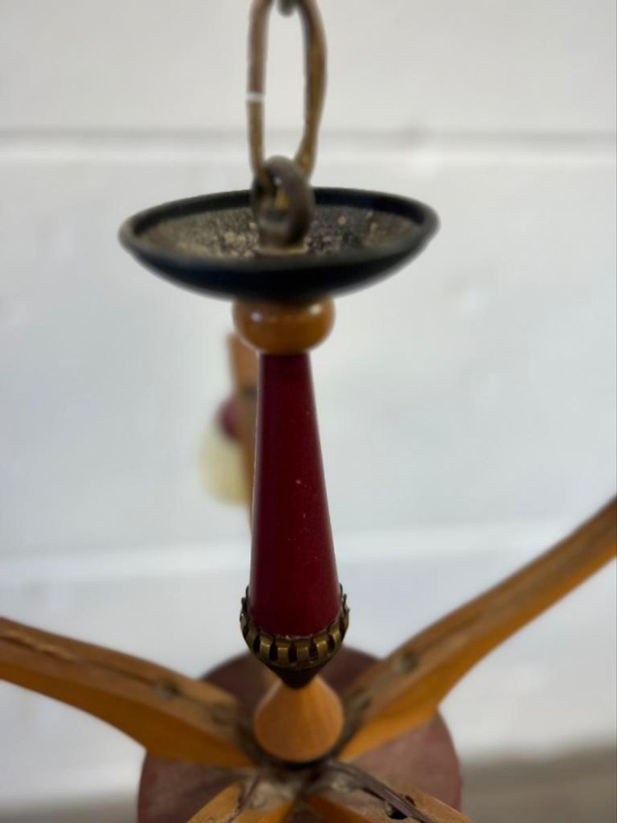 Vintage Rockabilly Luster / Hanglamp Met Hout / Opaline image 9