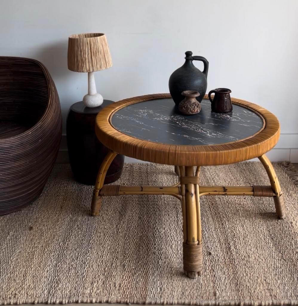 Rotan Bamboe Salontafel Mer Marmer Look Blad Vintage image 9