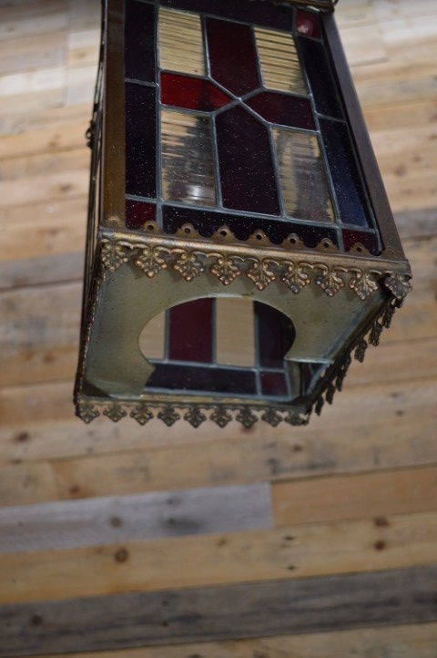 Antieke Hanglamp Koper Met Glas In Lood Opknapper image 2
