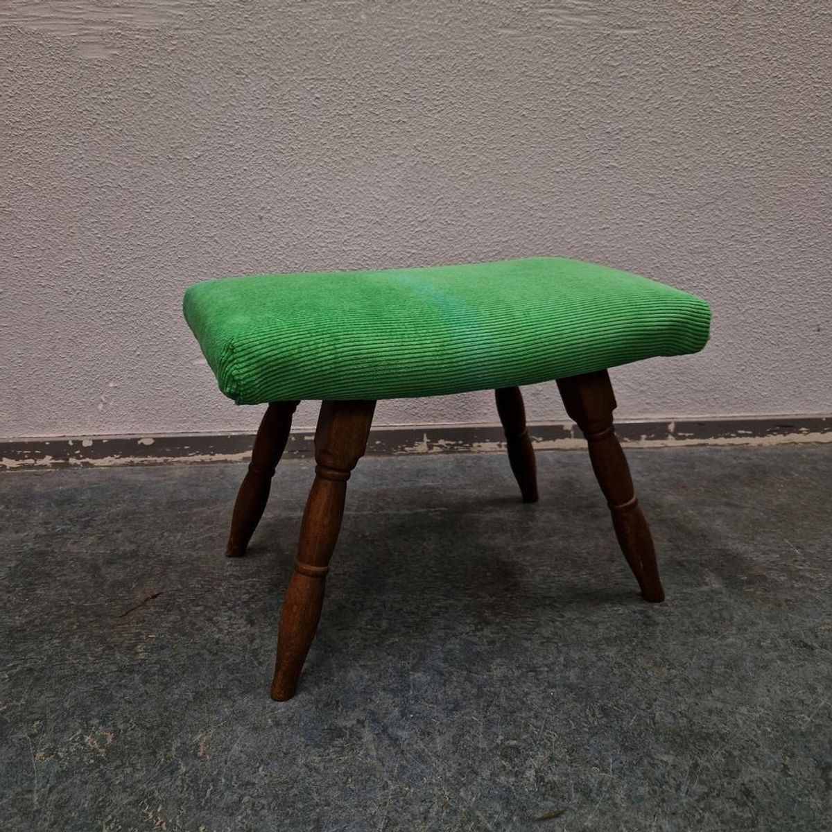 Vintage Voetenbank Jaren 60 / 70 Nieuw Bekleed Groene Ribstof image 4
