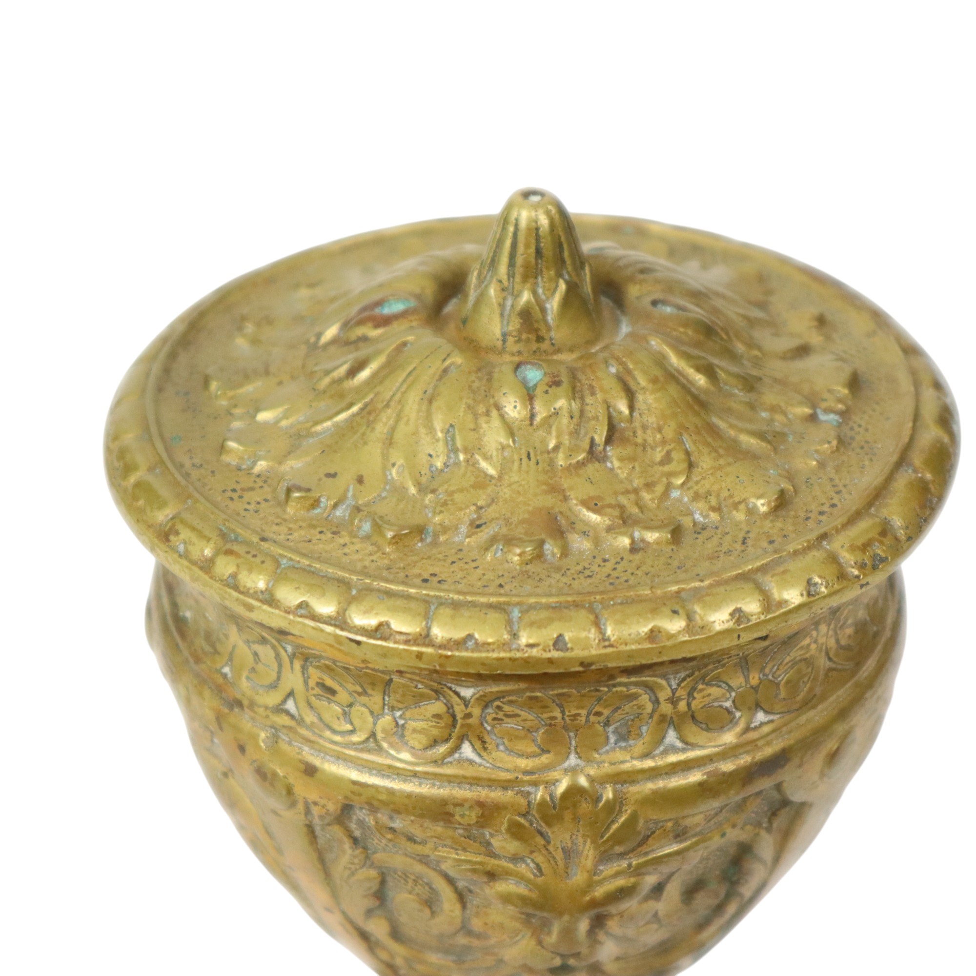 Oude Messing Beker Met Deksel Mythisch Figuur 14cm image 5