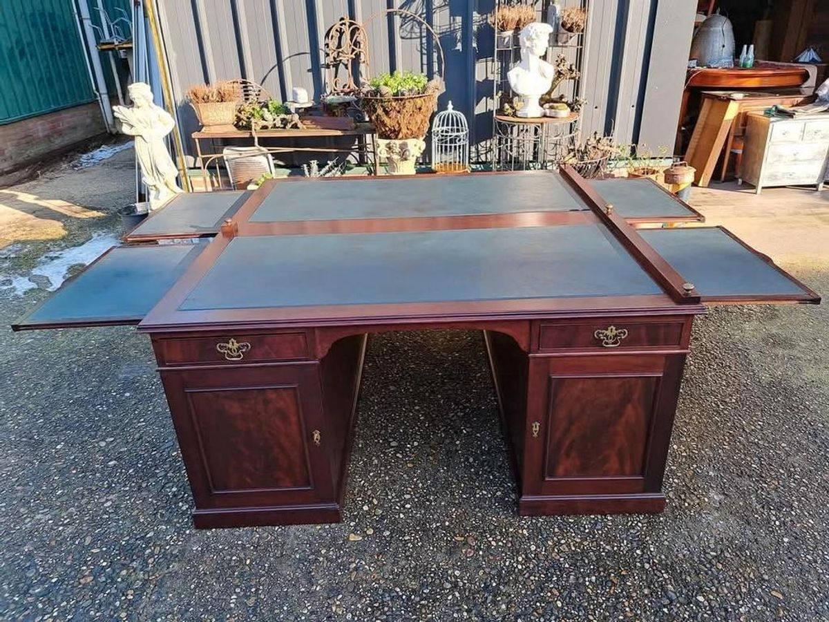 Groot Antiek Partnerdesk, Bureau, Schrijftafel Met Ingelegd image 5