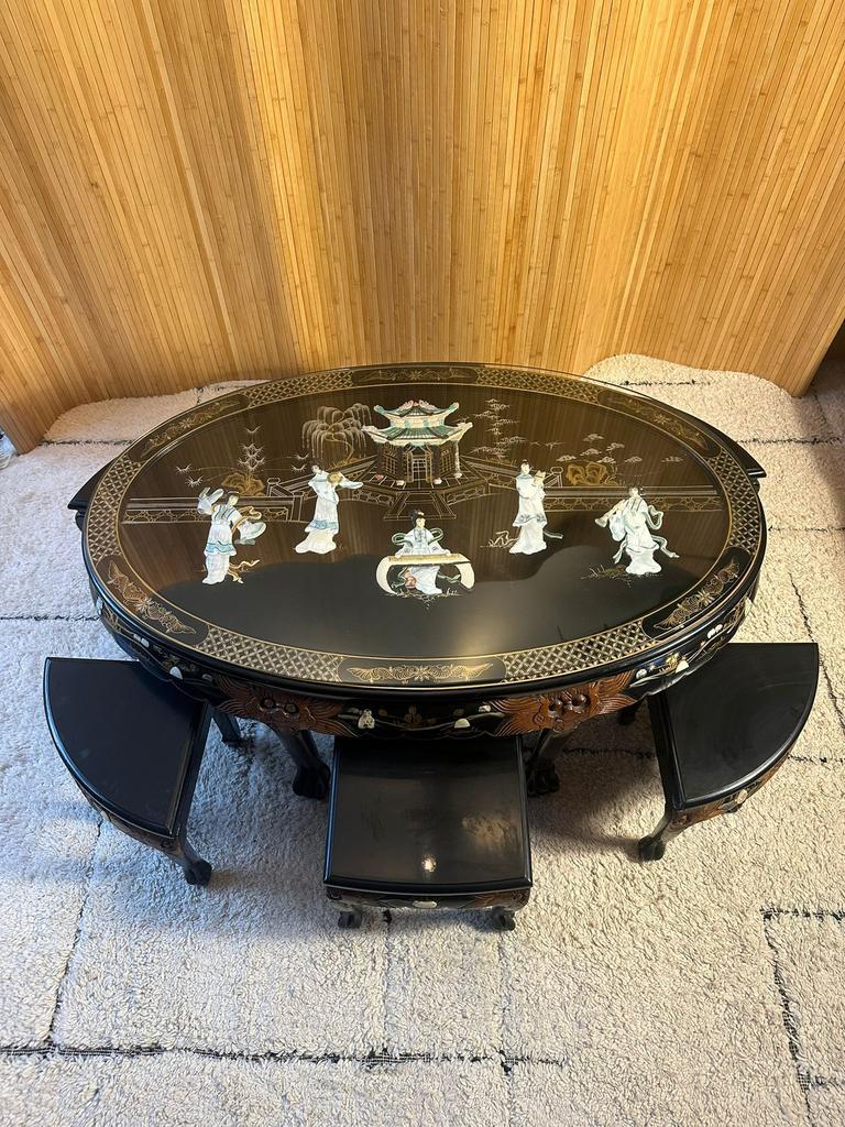Chinese Salontafel Met Houtsnijwerk Incl 6 Krukjes image 5