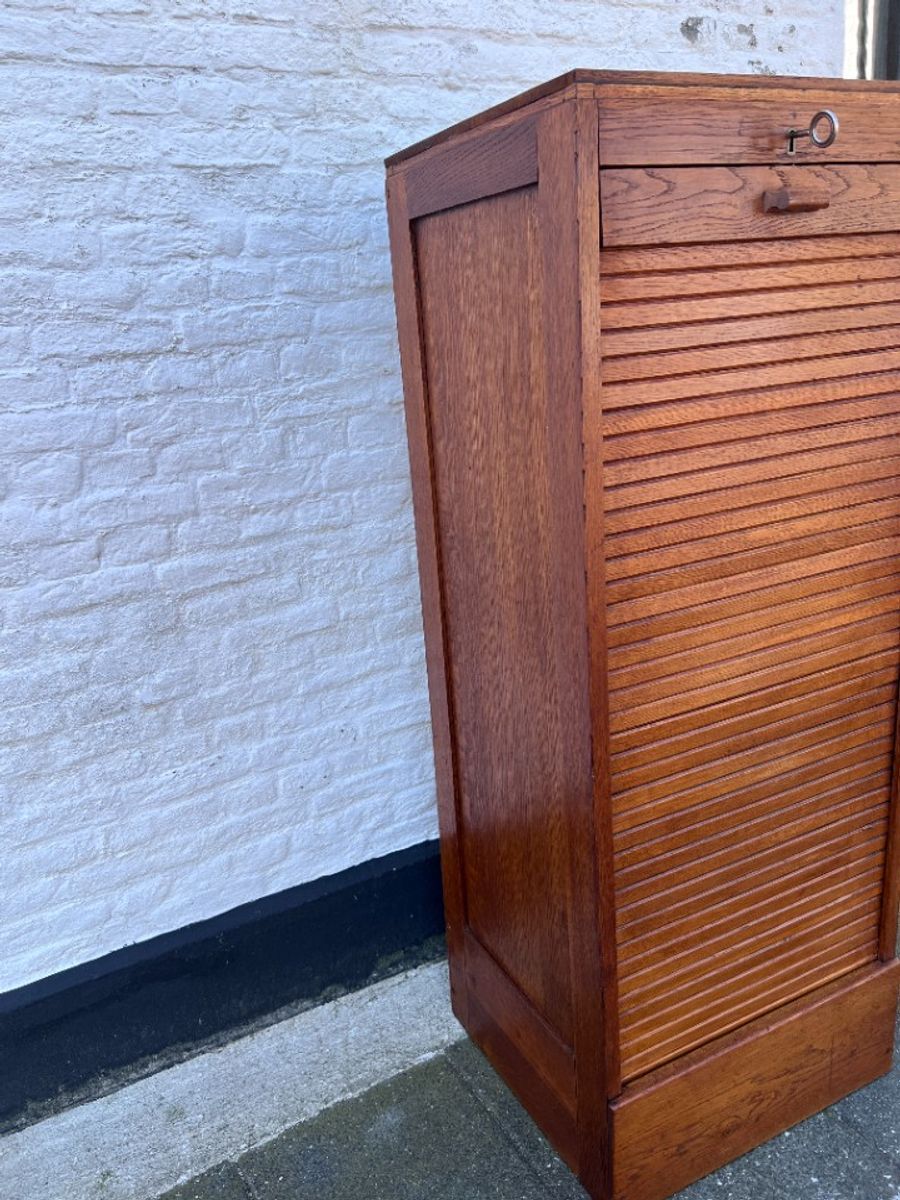 Eiken Rolluik Archiefkast Met Originele Schuifbakken, 113 Cm Hoog image 2
