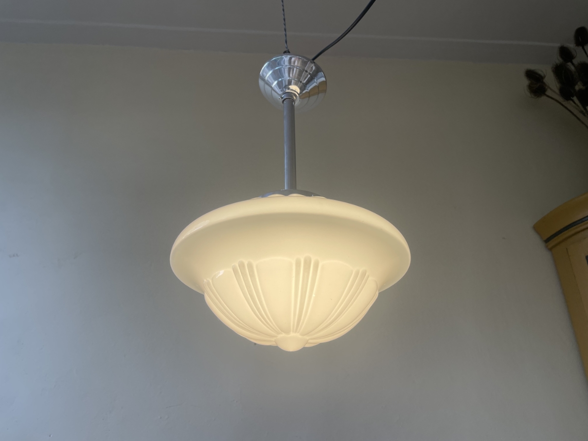Lamp Hanglamp Art Deco 1930 Ufo Vorm Wit Glas Frans image 9