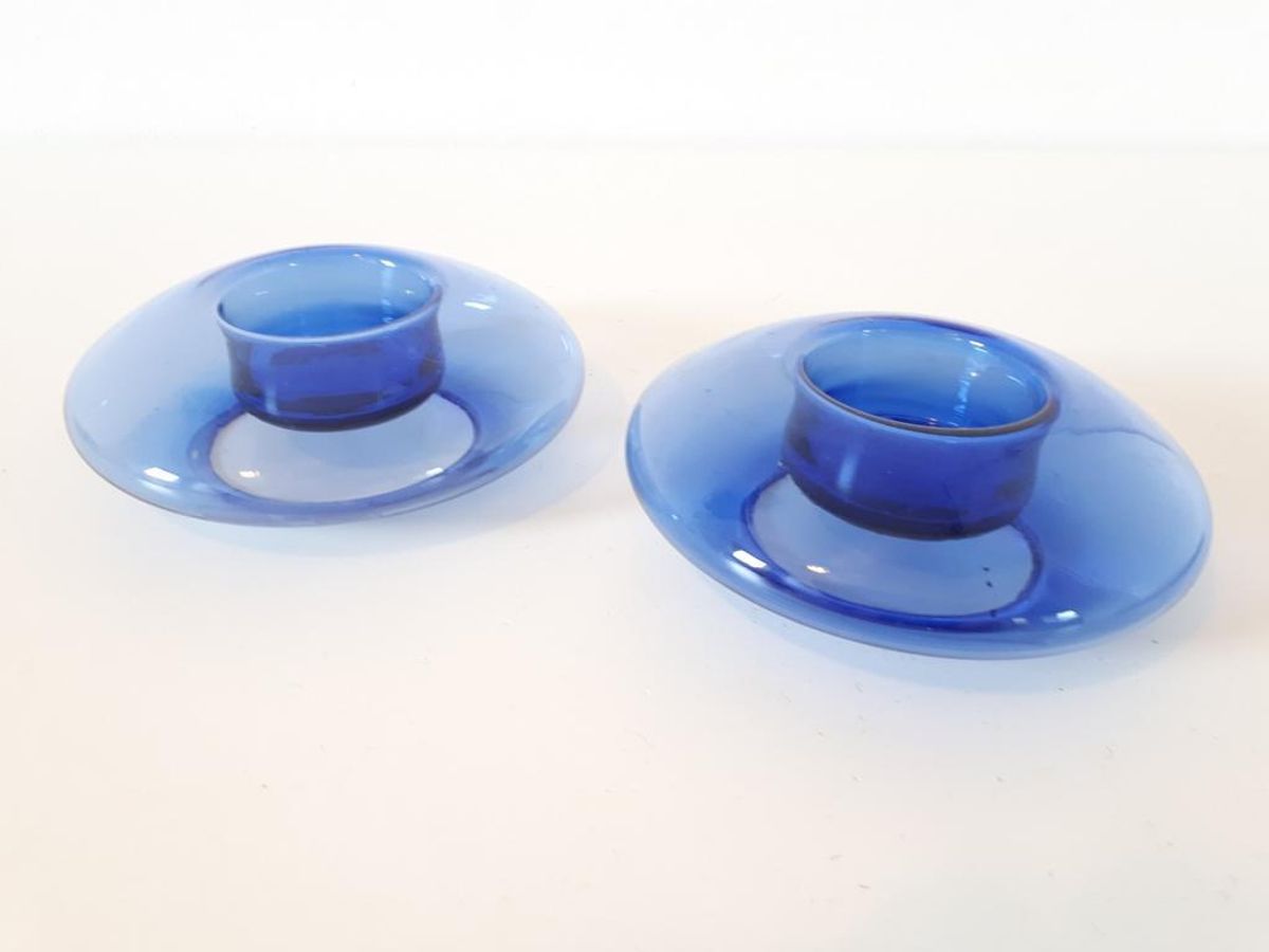 80's 2 Vintage Glazen Waxinehkuders Kobalt Blauwe Kandelaars image 4