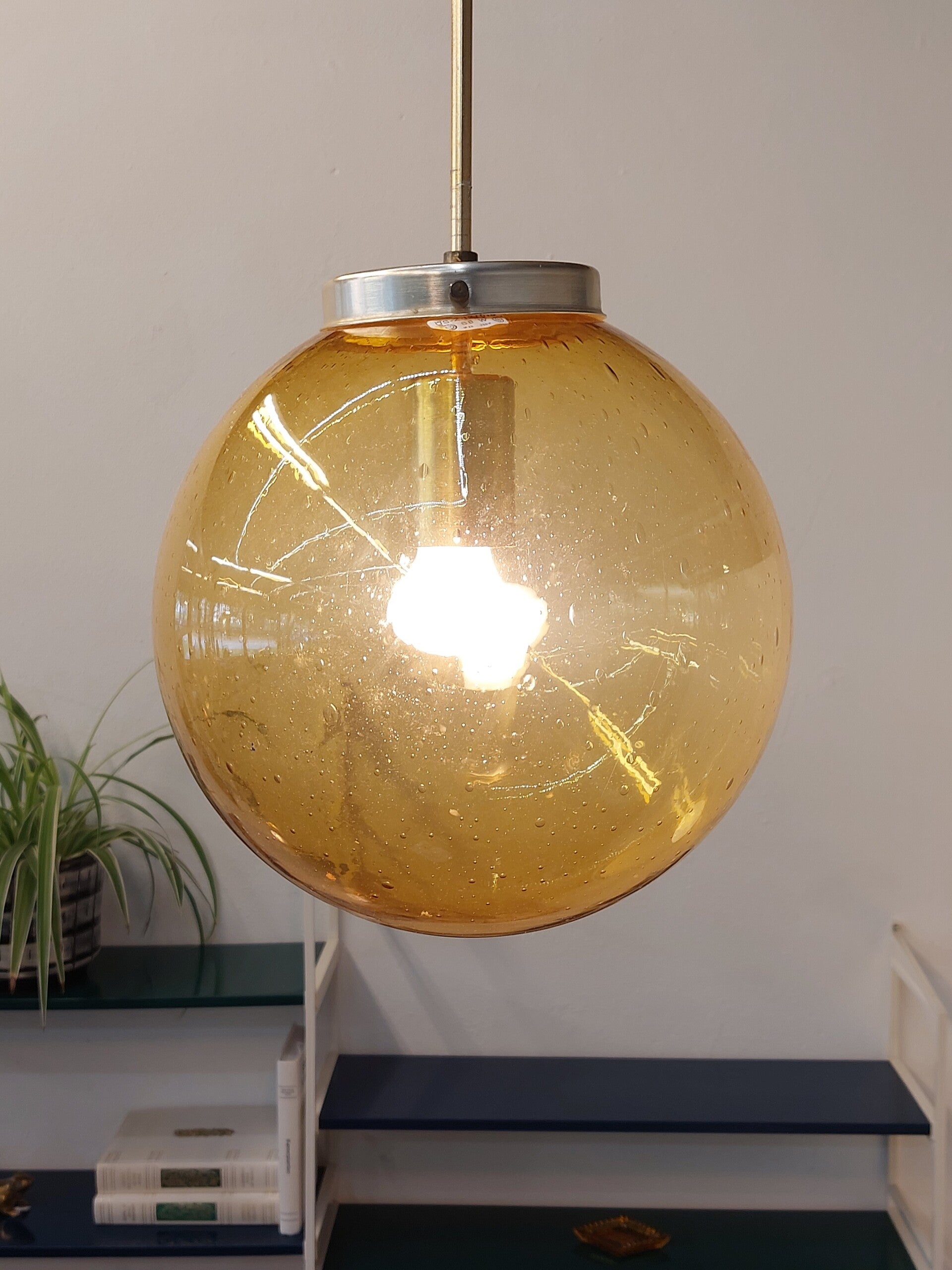 Vintage Hanglamp Messing Goudgeel Bol Glas image 4