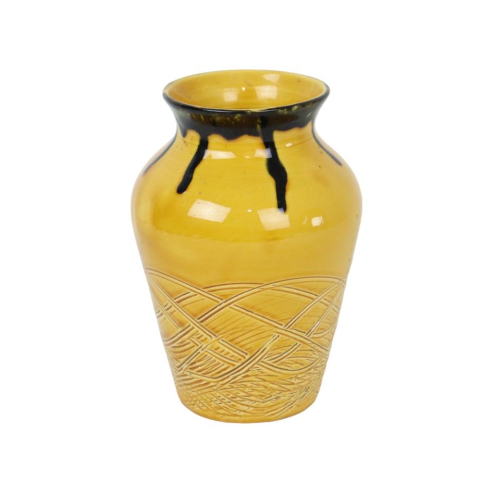 Kleine Vintage Geglazuurde Vaas Geel Oranje Zwart Patroon Reliëf Jaren 70 image 8