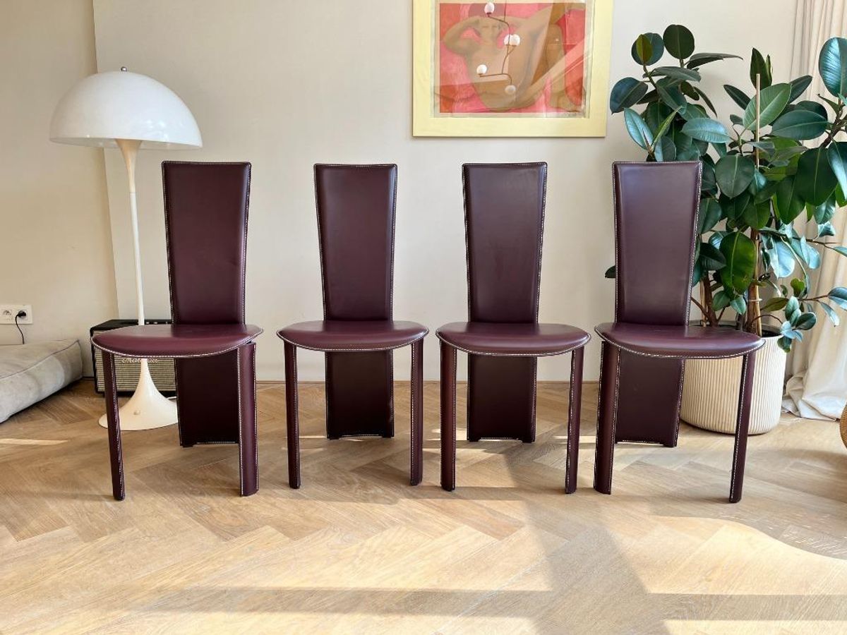 Set Van 4 Frag Italia Eetkamerstoelen – Aubergine Leer image 2