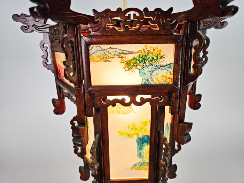 Chinese Lantaarn Chandelier - Rozen Hout - Gedecoreerd Glas - 2E Helft 20E Eeuw image 7