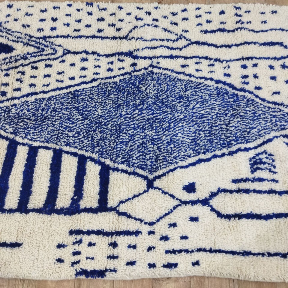Handgeweven Marokkaanse Berber Tapijt - Blauw En Wit Abstract Geometrisch Design (264X150 Cm) image 5
