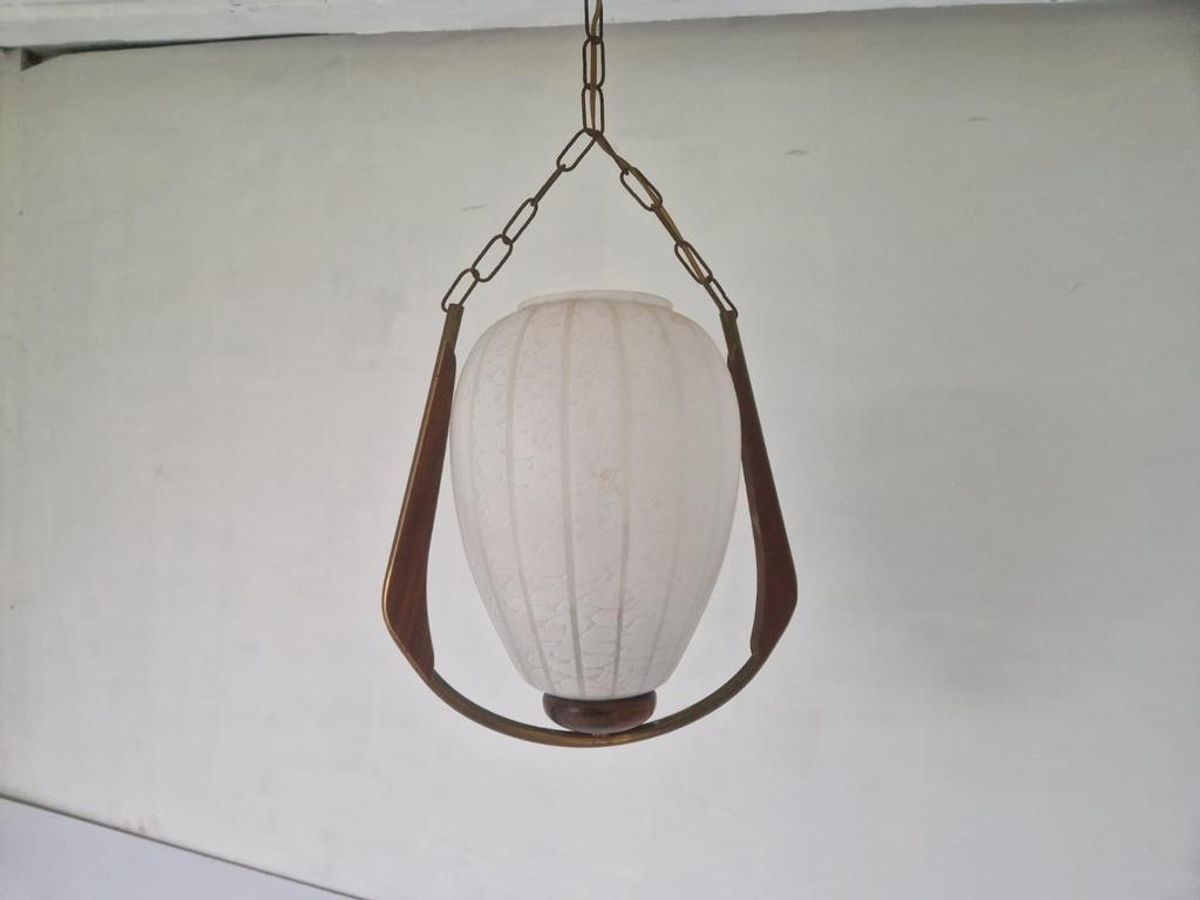Vintage Scandinavische Teak En Glas Hanglamp. image 6