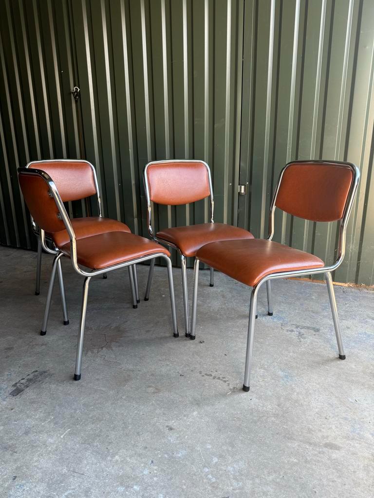 Set/4 Italian Mid-century Tavo Stoelen In Cognac Skai Leder image 3
