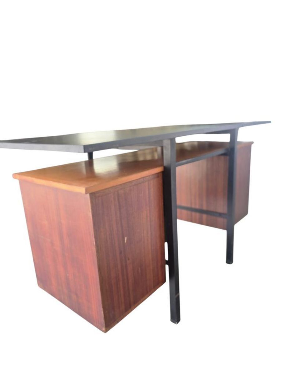 Vintage Houten Bureau Met Zwevend Blad En Zwart Frame image 3