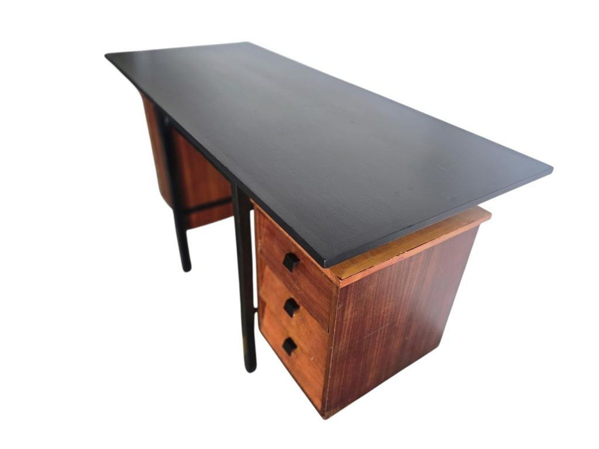 Vintage Houten Bureau Met Zwevend Blad En Zwart Frame image 10