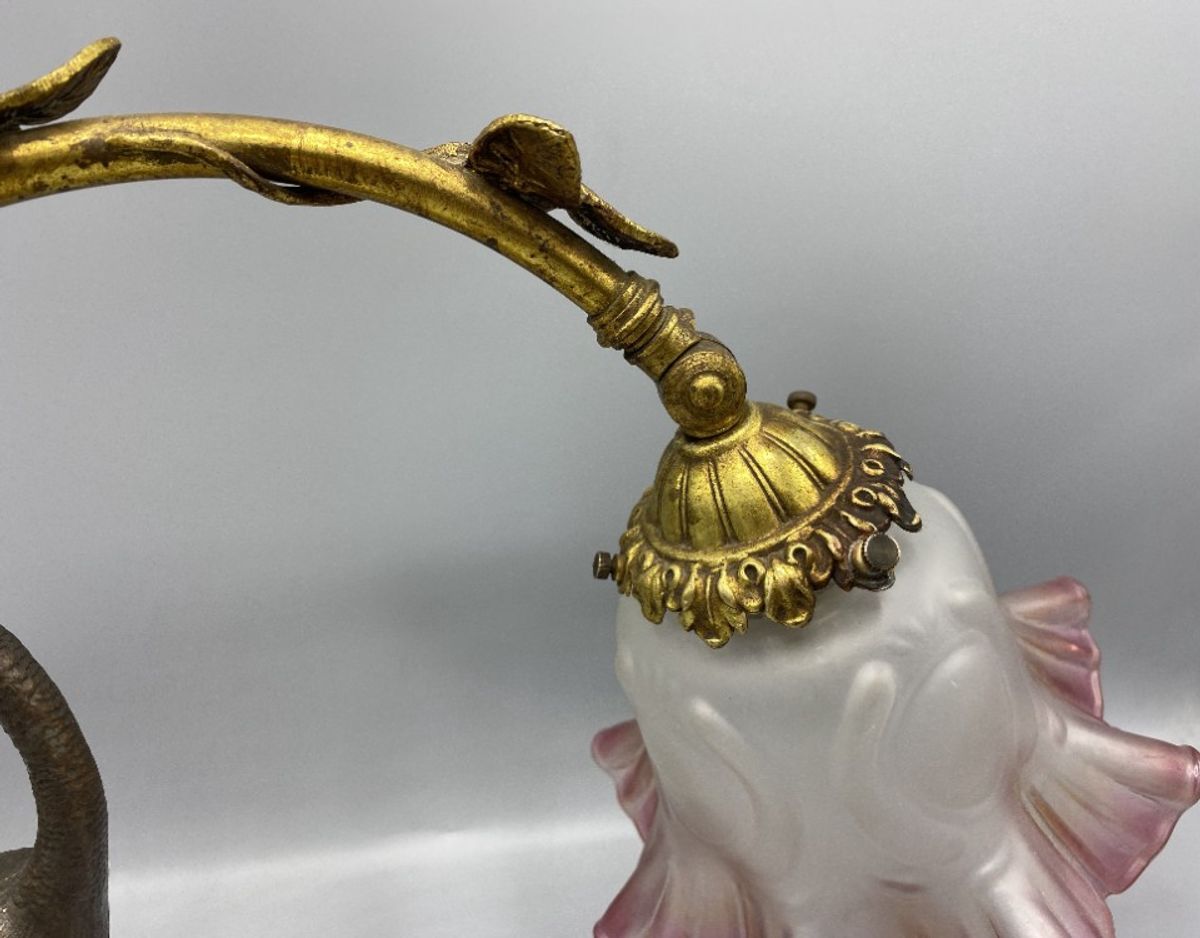 Antieke Art Nouveau Tafellamp – Kraanvogel & Bladerenboog image 4