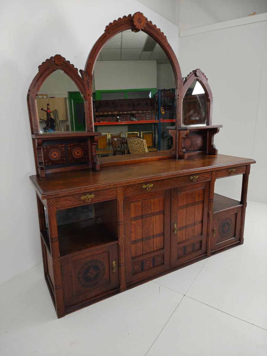 Zeldzaam 19e-eeuws Engels Arts & Crafts Eikenhouten Dressoir Van Pratt & Prince – Inlegwerk Met Zonnebloemmotie image 15